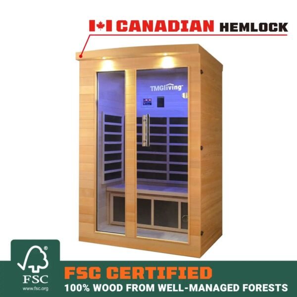 TMG LIVING 2 Person Indoor FAR Infrared Sauna Room, Natural Canadian Hemlock, Bluetooth Speakers, Tempered Glass Door, TMG-LSN20 - Image 3
