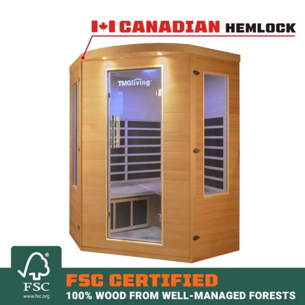 TMG LIVING 3 Person Corner Indoor FAR Infrared Sauna Room, Natural Canadian Hemlock, Bluetooth Speakers, Tempered Glass Door, TMG-LSN40 - Image 2